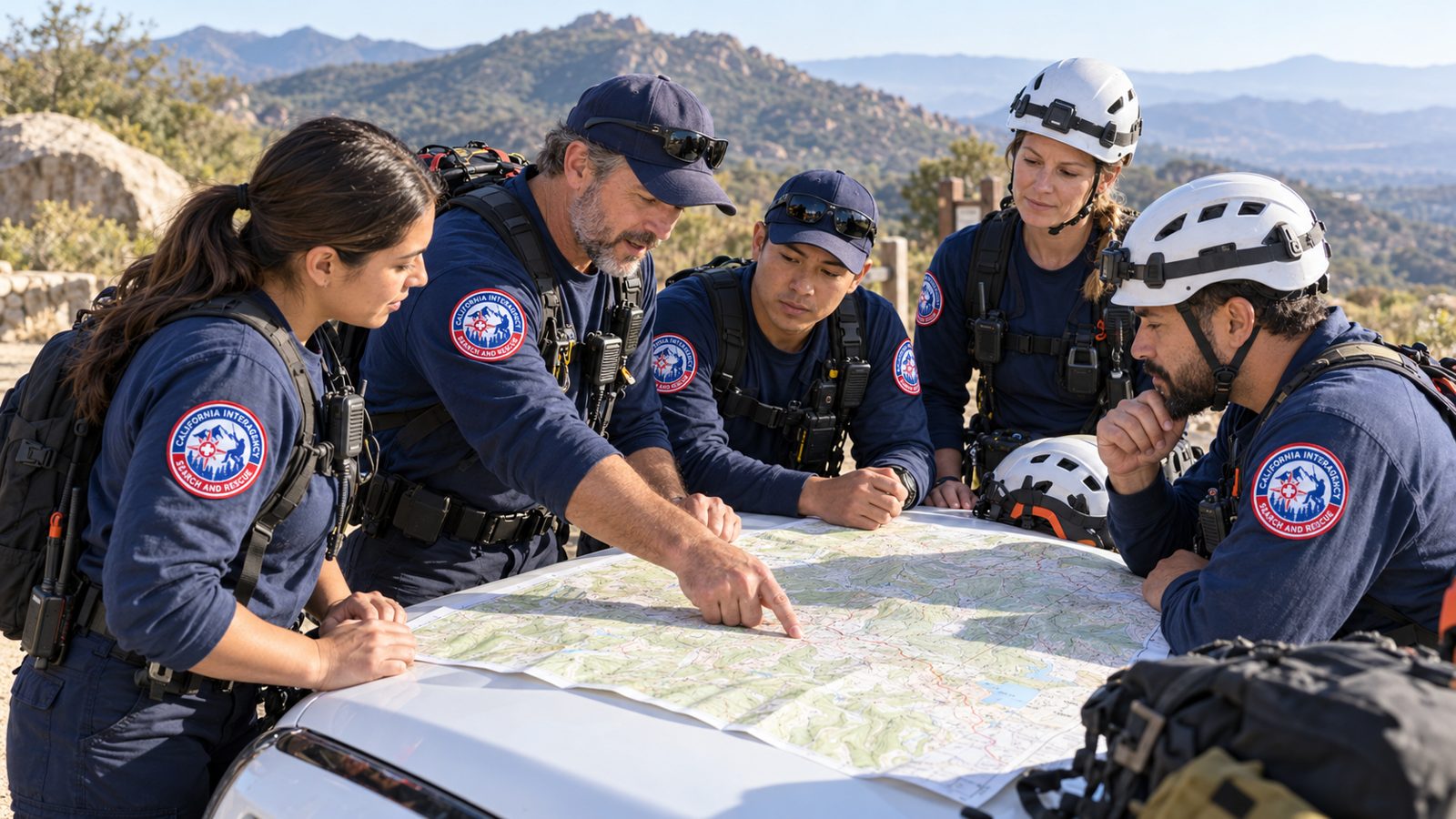 CAISAR team members briefing around a topographic map on the hood of a vehicle
