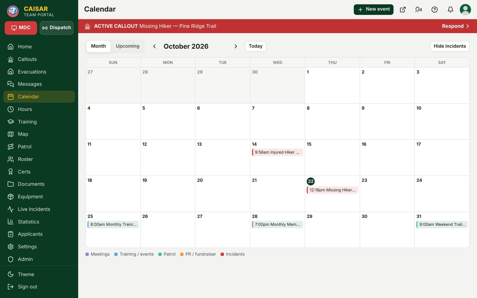 Month calendar with trainings, meetings, patrols and incidents
