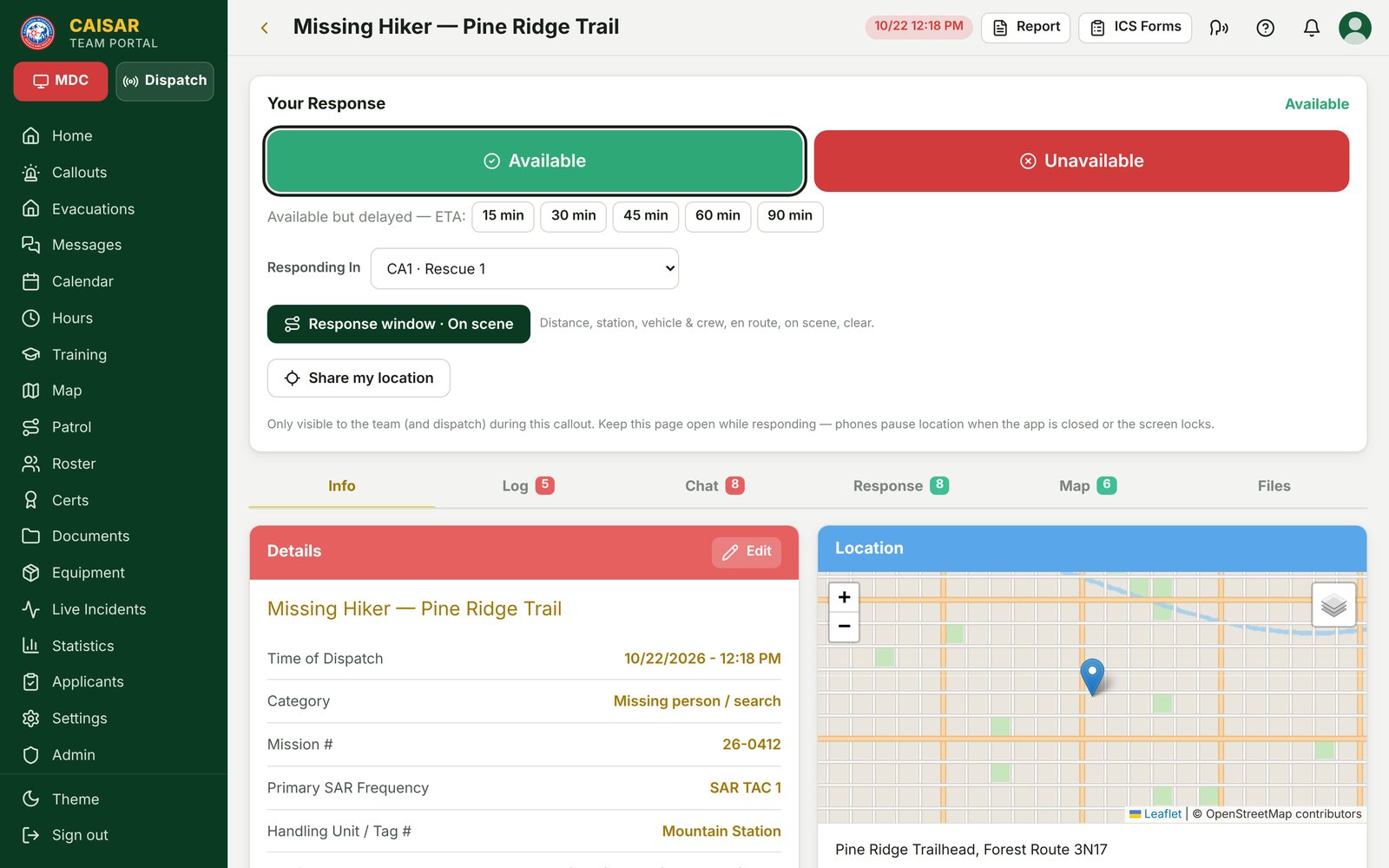 Callout page with Available and Unavailable buttons, delayed ETA choices, vehicle selection, and incident details beside a location map