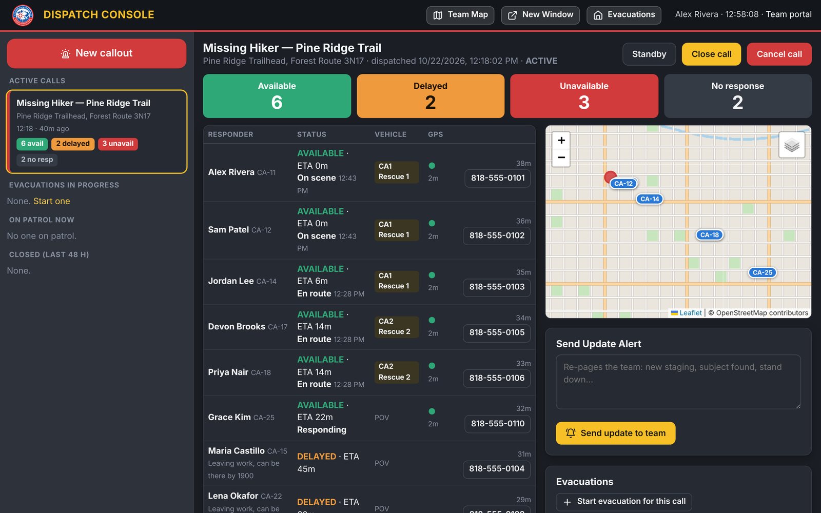 Dispatch console showing an active missing-hiker callout with six available, two delayed and three unavailable responders, their vehicles and ETAs, and a live map of responder positions