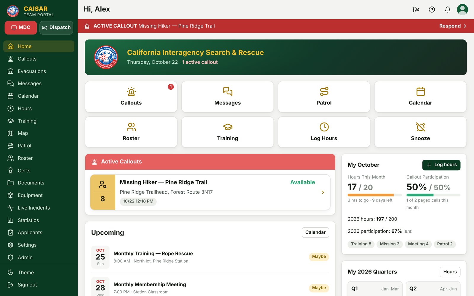 Home dashboard with the active callout, upcoming events, and the member's hours and callout participation for the month