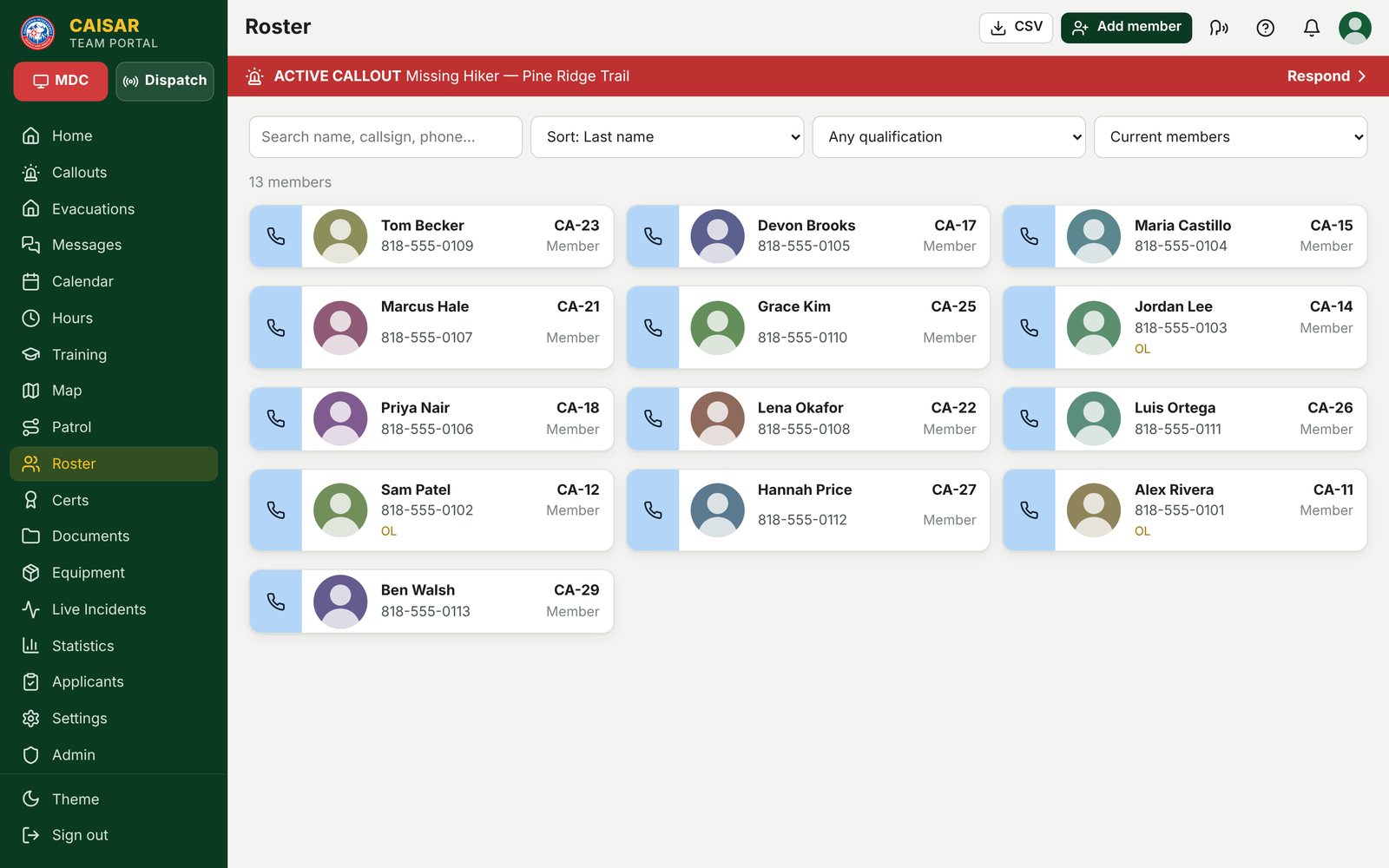 Team roster of members with callsigns, phone numbers and tap-to-call buttons