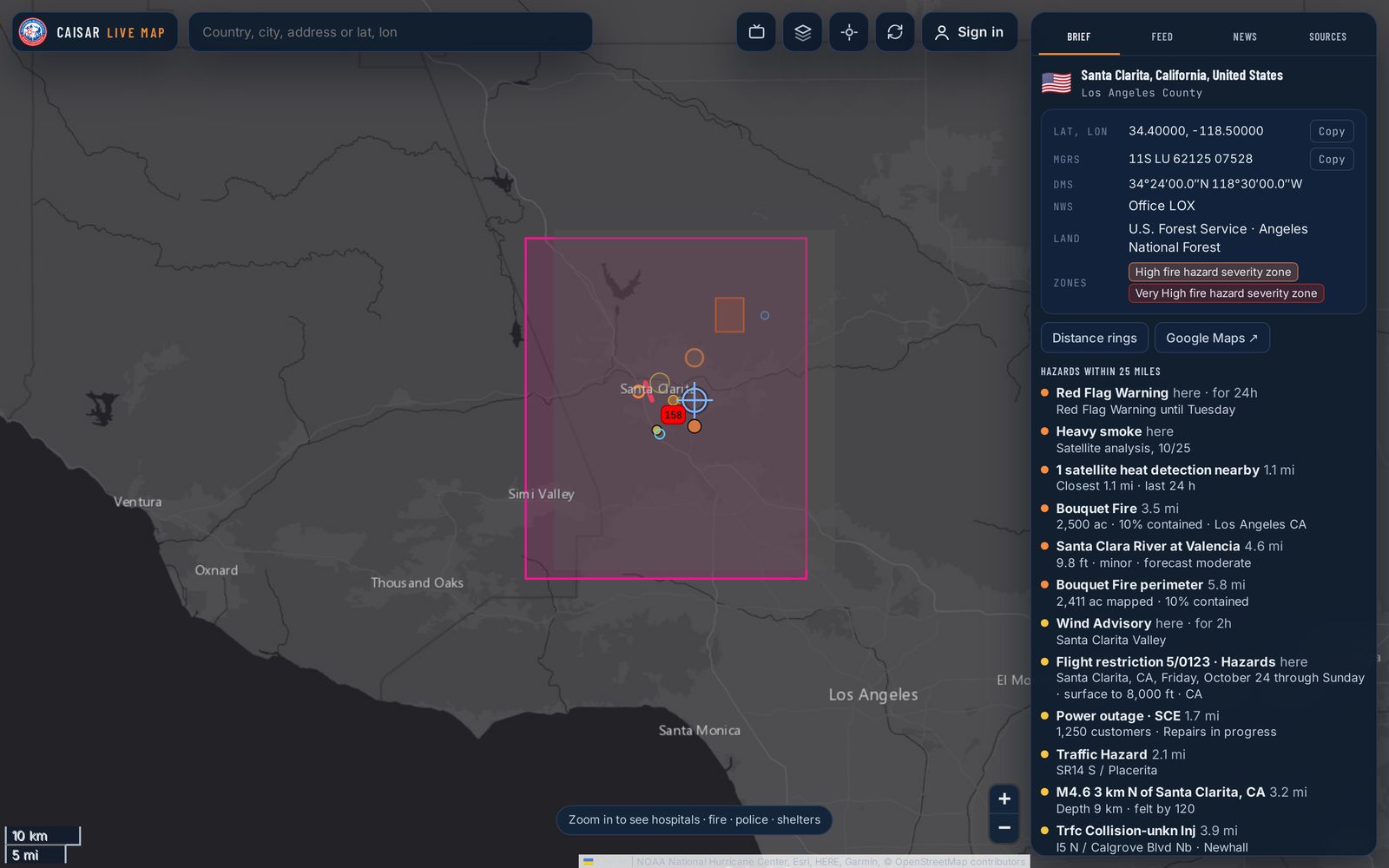 A point brief for Santa Clarita, California: coordinates, MGRS grid, land manager, fire hazard zones and nearby hazards including a red flag warning, smoke and a wildfire