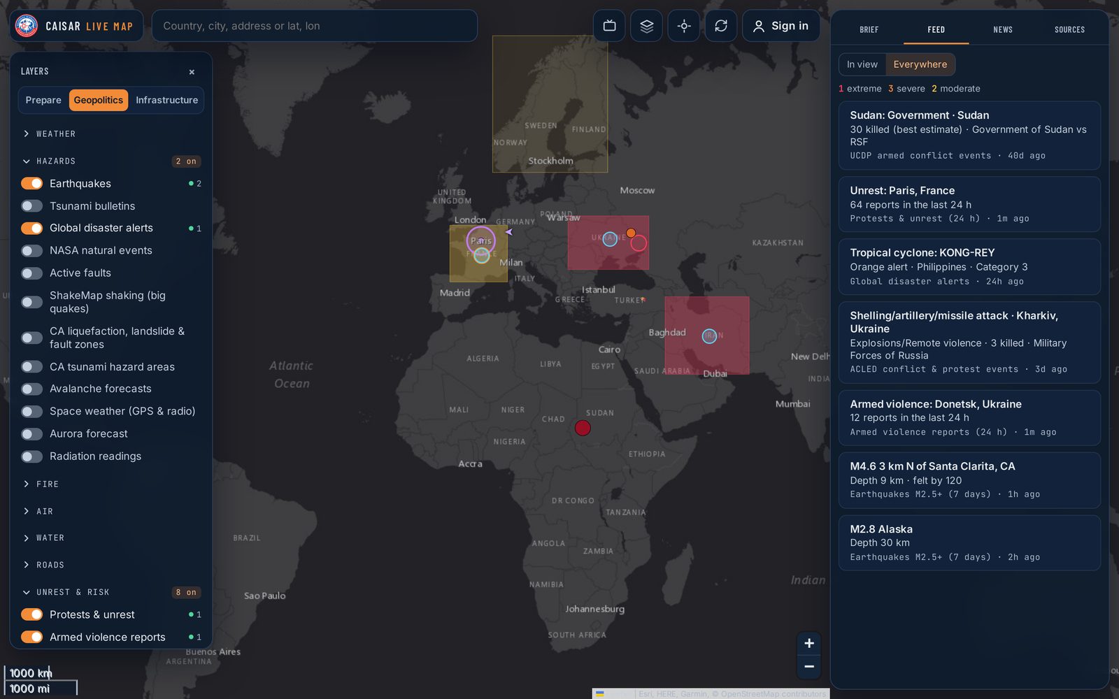 The Geopolitics lens over Europe and the Middle East, with the layers panel open