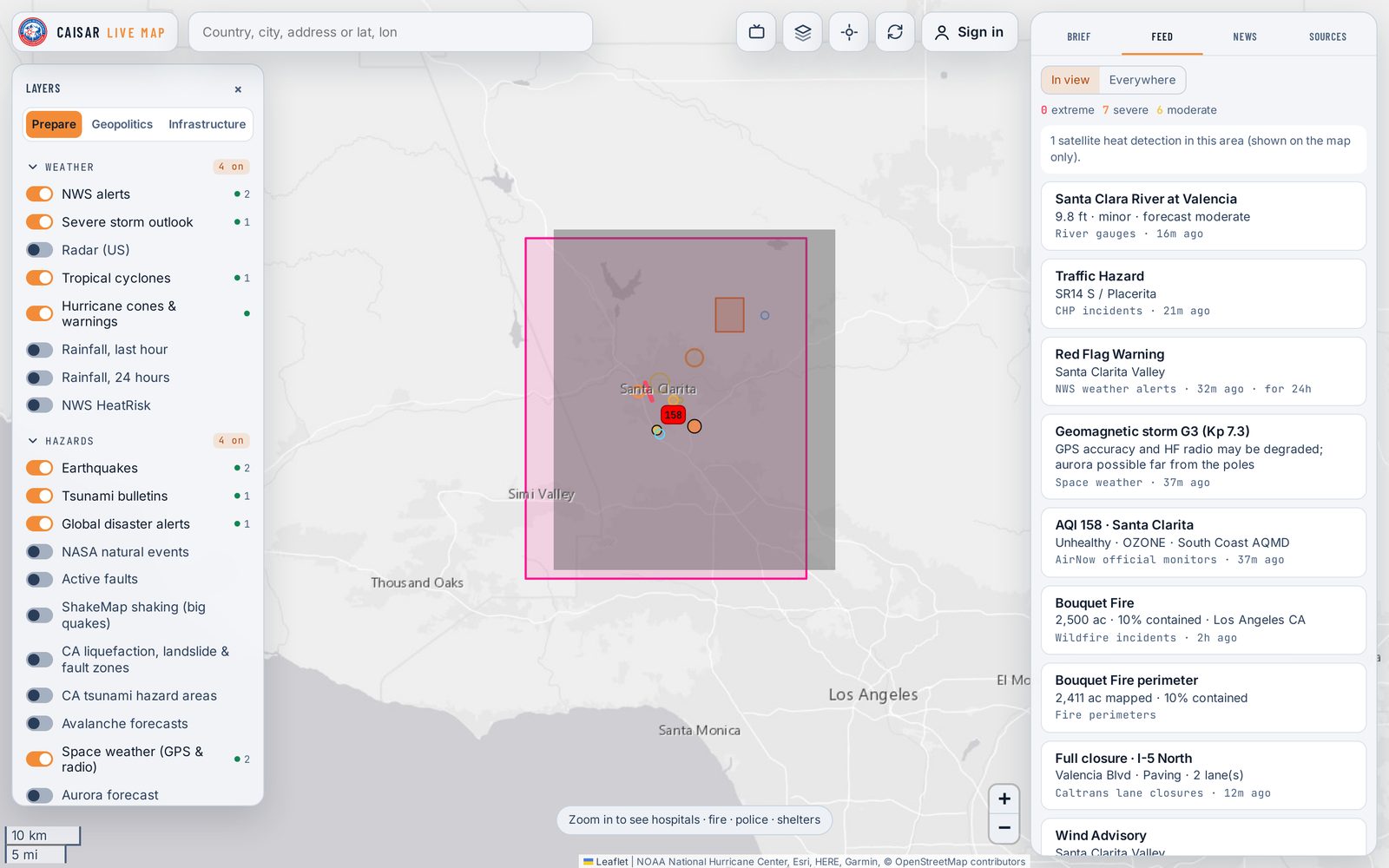 The Prepare lens over Southern California in light mode, with weather, hazard and fire layers and the live feed