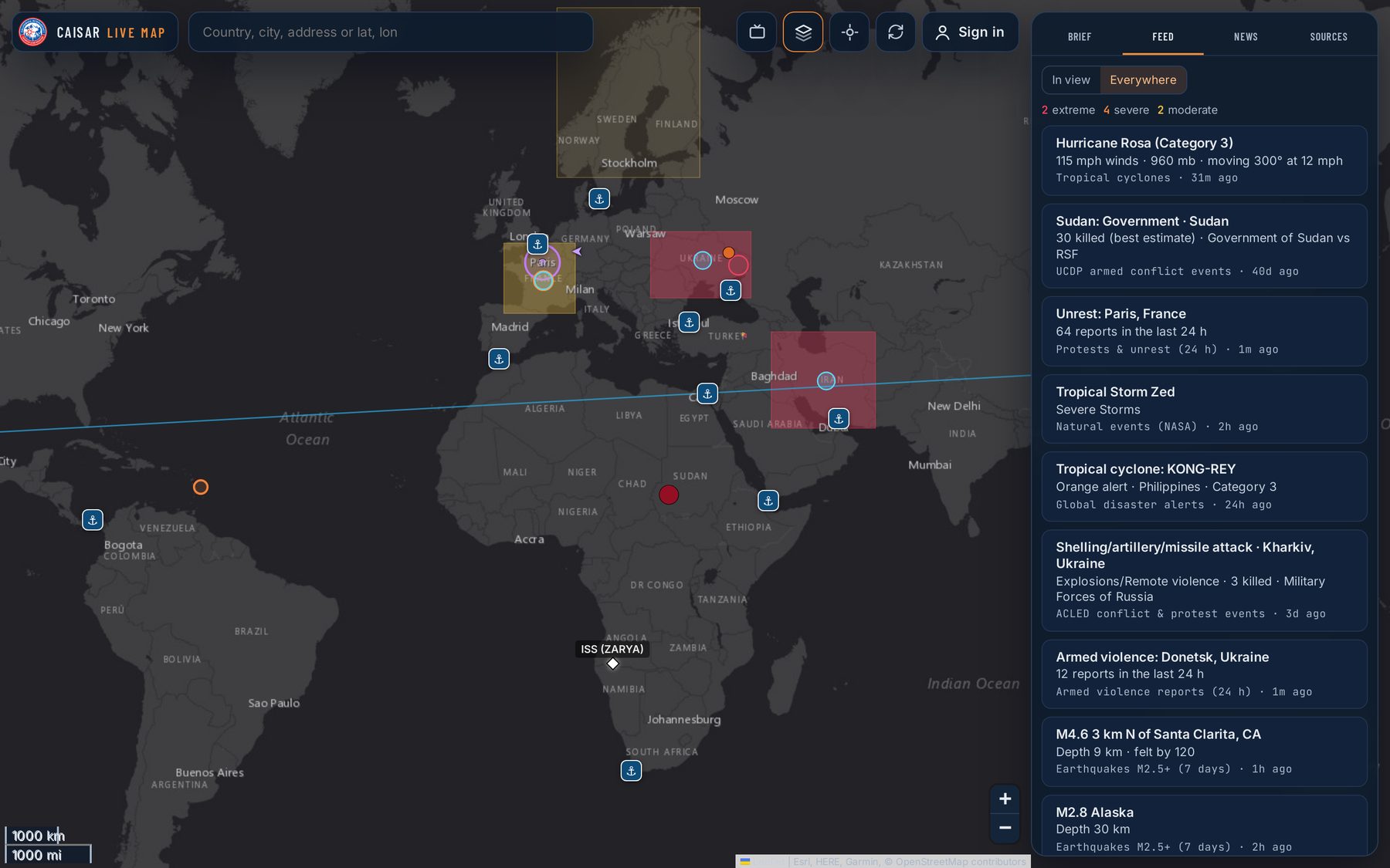 The CAISAR Live Map zoomed out over Europe, Africa and the Middle East, with conflict, unrest, travel advisory and shipping chokepoint layers, and a live feed of a hurricane, conflict events and earthquakes