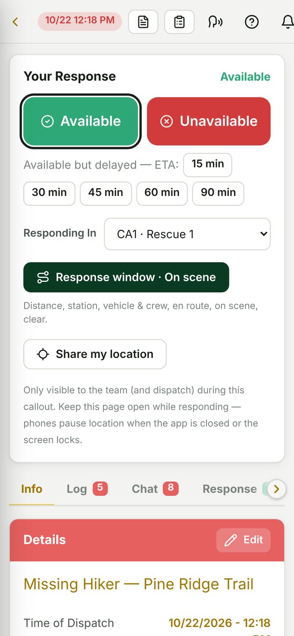 Phone callout response screen with Available, Unavailable and delayed ETA buttons