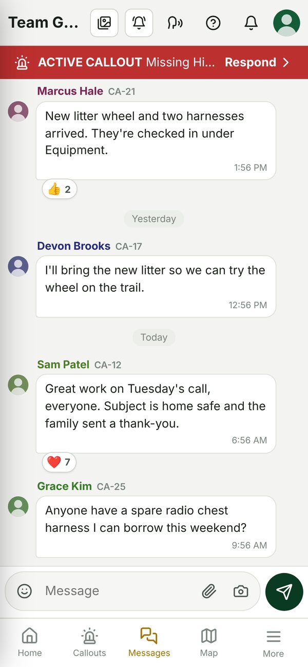 Phone team chat with member names, callsigns and reactions