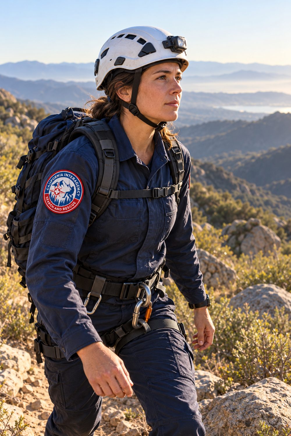 A CAISAR search and rescue member in helmet and harness hiking a mountain ridge